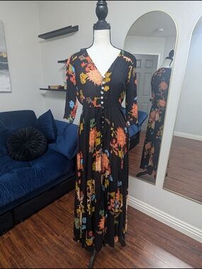 Floral Black Maxi Dress with V-Neck